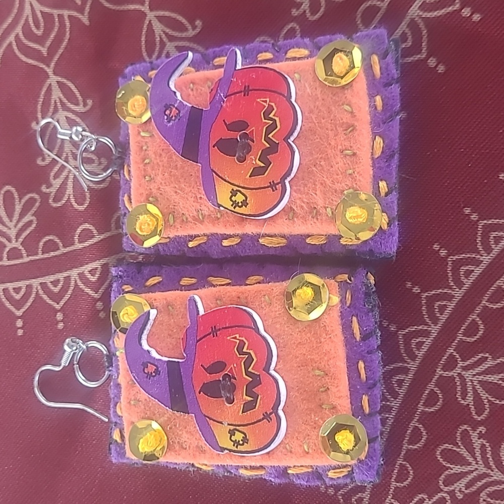 Halloween Artist Made Earrings - Orange and Purple Felt Beads Buttons 3 Pair $15